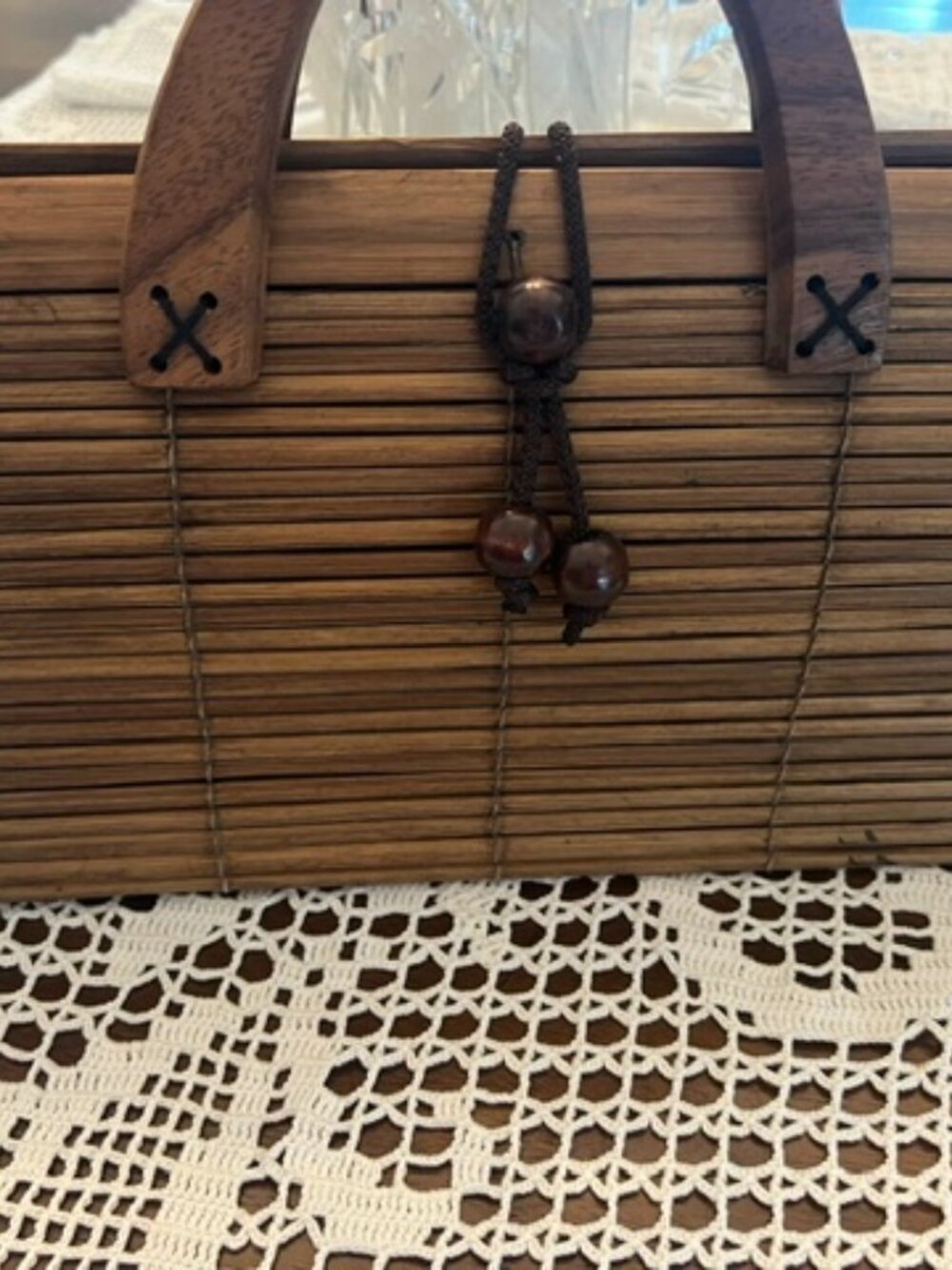 VTG Bamboo Wood Slat Purse Handbag with Wooden Handle